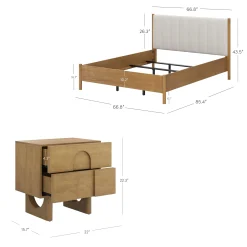 Mid Century Modern Queen Bed Frame and Arched Nightstand Set Light Brown