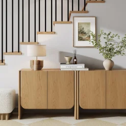 Mid Century Modern Rounded Wood Accent Cabinet Raw Oak
