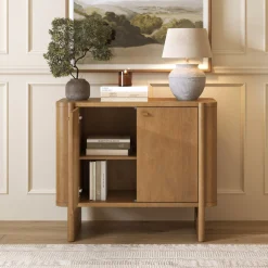 Mid-Century Modern Solid Wood Accent Cabinet Credenza Light Brown (Set of 2)