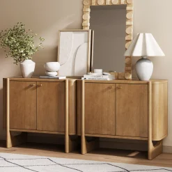 Mid-Century Modern Solid Wood Accent Cabinet Credenza Light Brown (Set of 2)