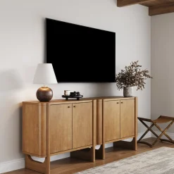 Mid-Century Modern Solid Wood Accent Cabinet Credenza Light Brown (Set of 2)
