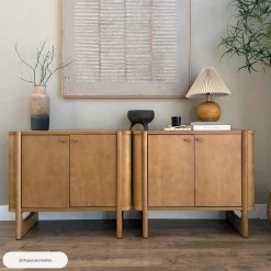 Mid-Century Modern Solid Wood Accent Cabinet Credenza Light Brown (Set of 2)