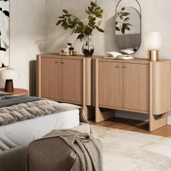 Mid-Century Modern Solid Wood Accent Cabinet Credenza Raw Oak (Set of 2)