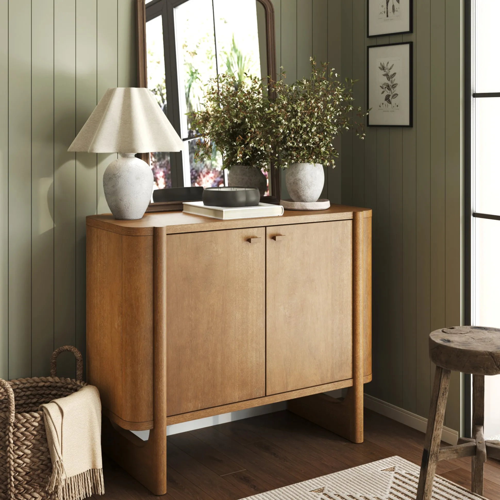 Mid-Century Modern Solid Wood Accent Cabinet Light Brown