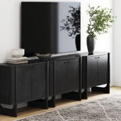 Mid-Century Modern Solid Wood Accent Cabinet Credenza Black (Set of 3)