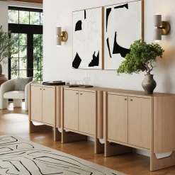 Mid-Century Modern Solid Wood Accent Cabinet Credenza Raw Oak (Set of 3)