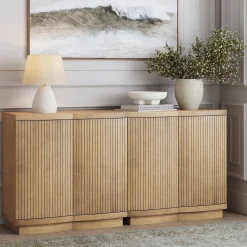 Mid-Century Modern Wood Fluted Cabinet Credenza Light Brown (Set of 2)