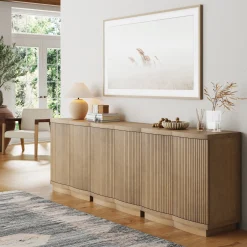 Mid-Century Modern Wood Fluted Cabinet Credenza Light Brown (Set of 3)