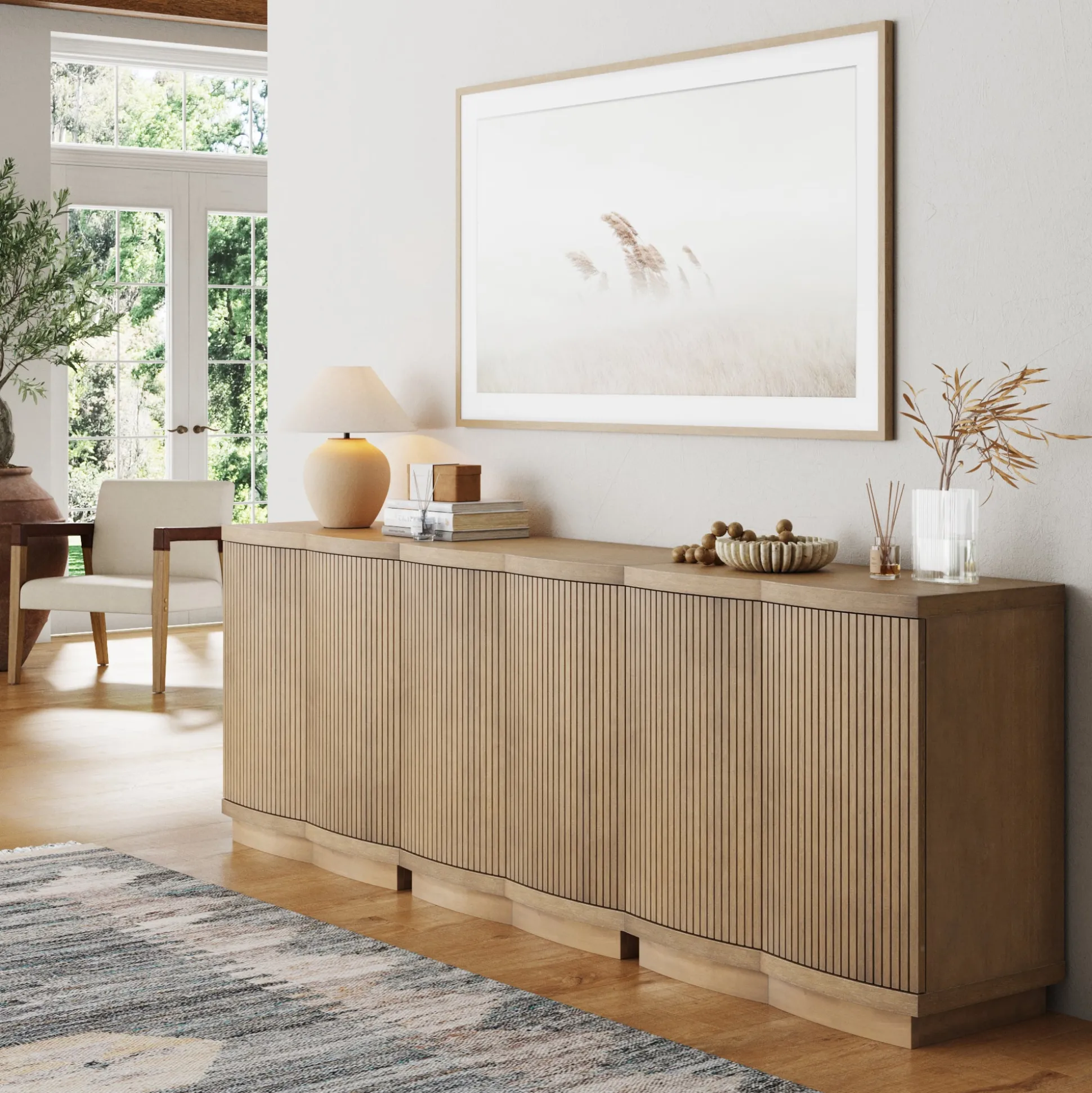 Mid-Century Modern Wood Fluted Cabinet Credenza Light Brown (Set of 3)