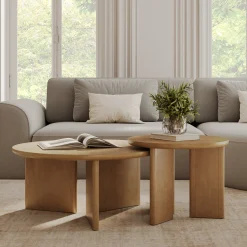 Mid-Century Modern Wood Nesting Coffee Table Set Light Brown