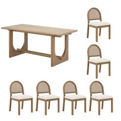 Mid-Century Rattan Boucle Dining Table Set (6 Chairs)