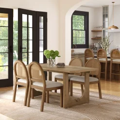 Mid-Century Rattan Boucle Dining Table Set (4 Chairs)
