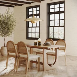 Mid-Century Rattan Boucle Dining Table Set (4 Chairs)