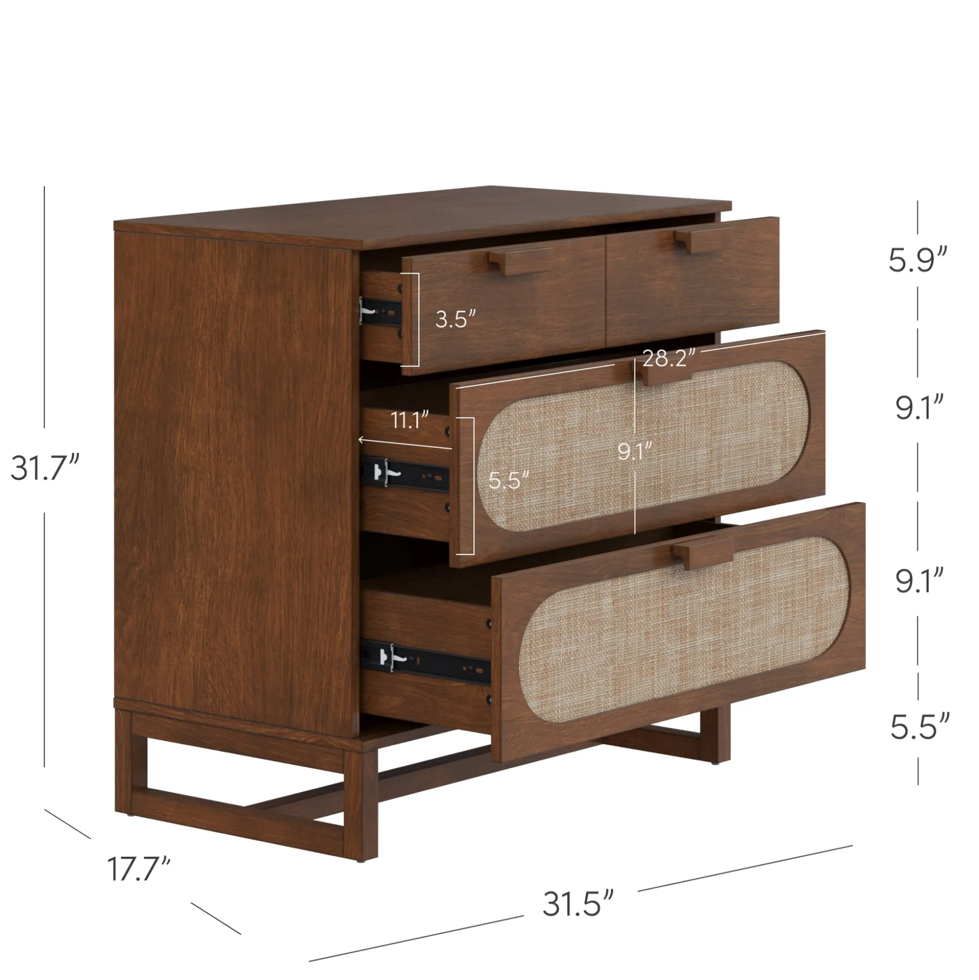 Mid-Century Rattan 3-Drawer Dressers Dark Acacia (Set of 2)