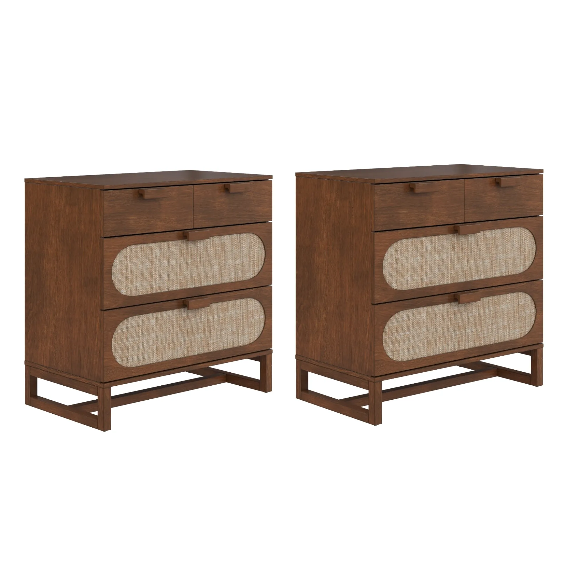 Mid-Century Rattan 3-Drawer Dressers Dark Acacia (Set of 2)