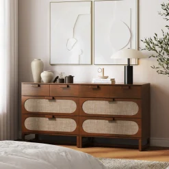 Mid-Century Rattan 3-Drawer Dressers Dark Acacia (Set of 2)