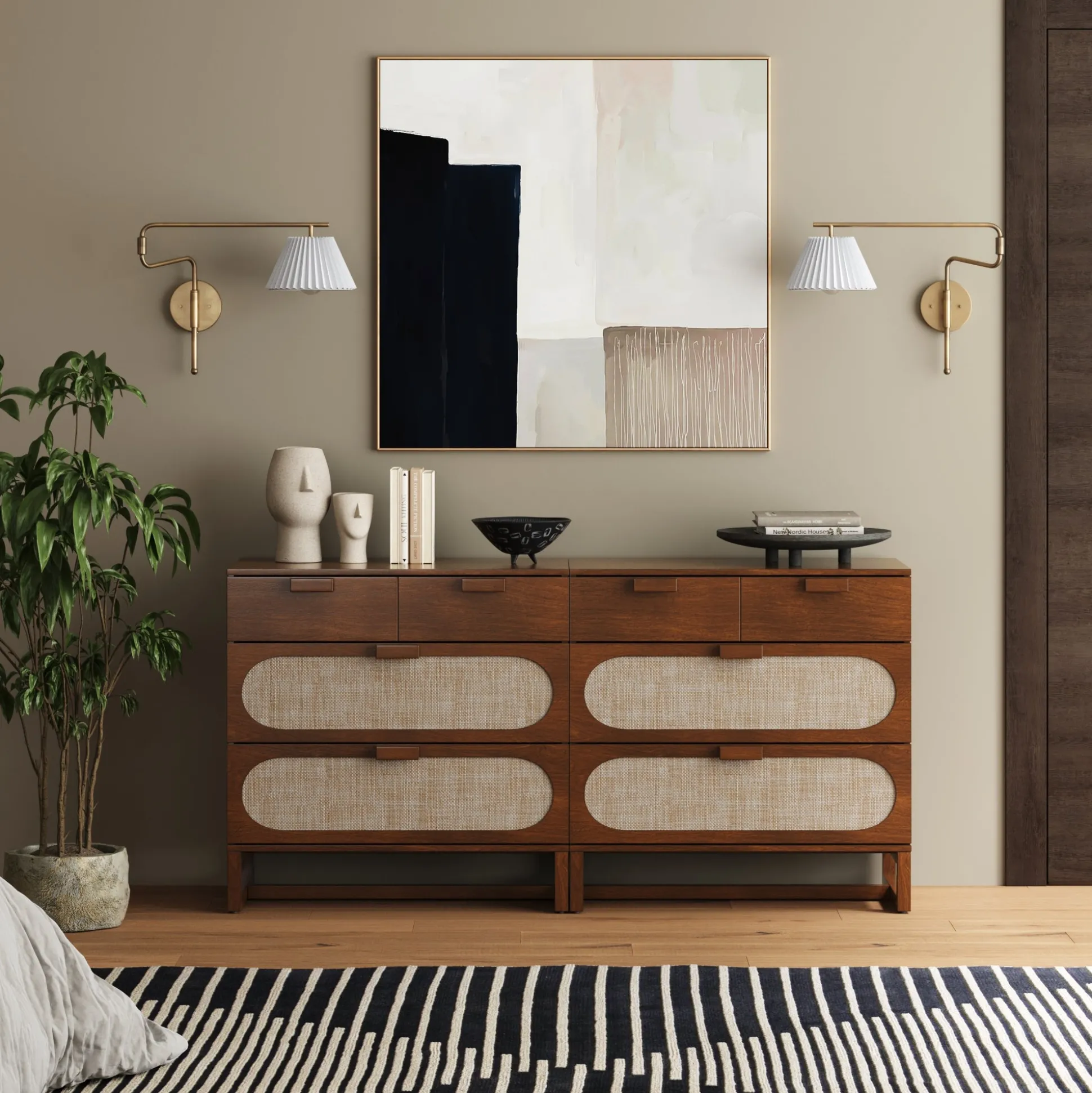 Mid-Century Rattan 3-Drawer Dressers Dark Acacia (Set of 2)