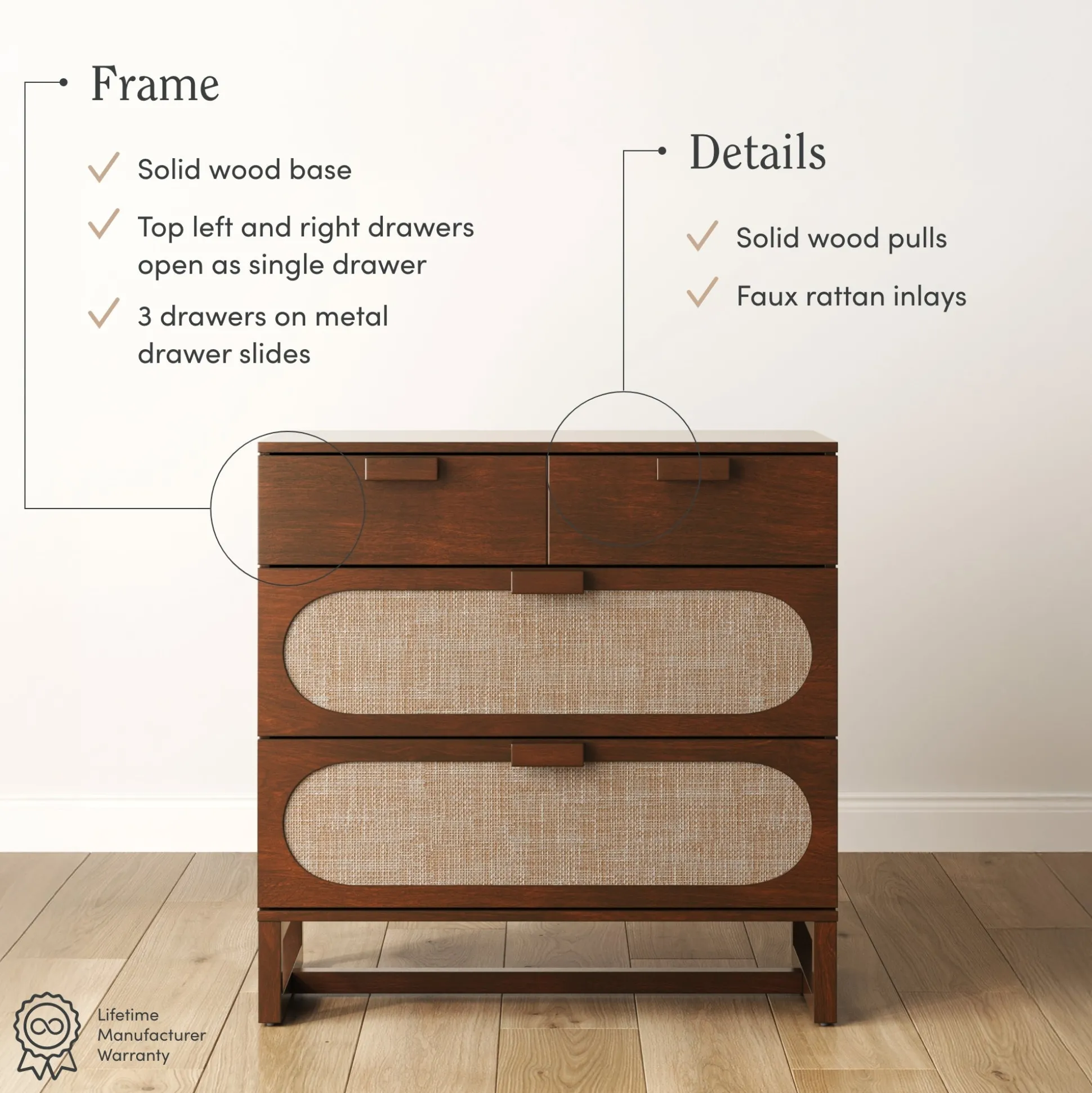 Mid-Century Rattan 3-Drawer Dressers Dark Acacia (Set of 2)