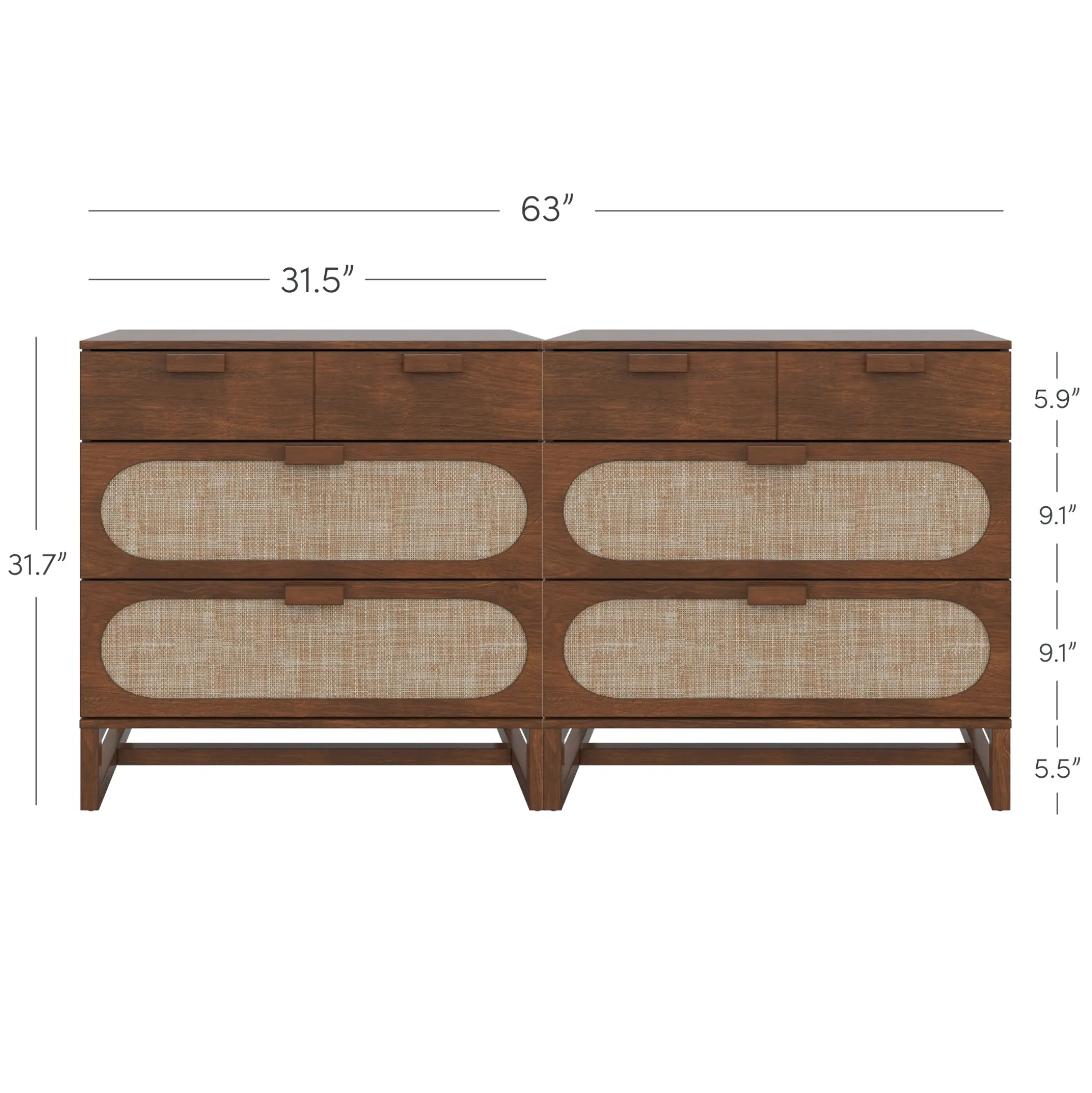 Mid-Century Rattan 3-Drawer Dressers Dark Acacia (Set of 2)