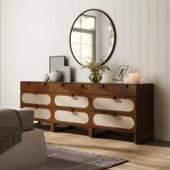 Mid-Century Rattan 3-Drawer Dressers Dark Acacia (Set of 3)