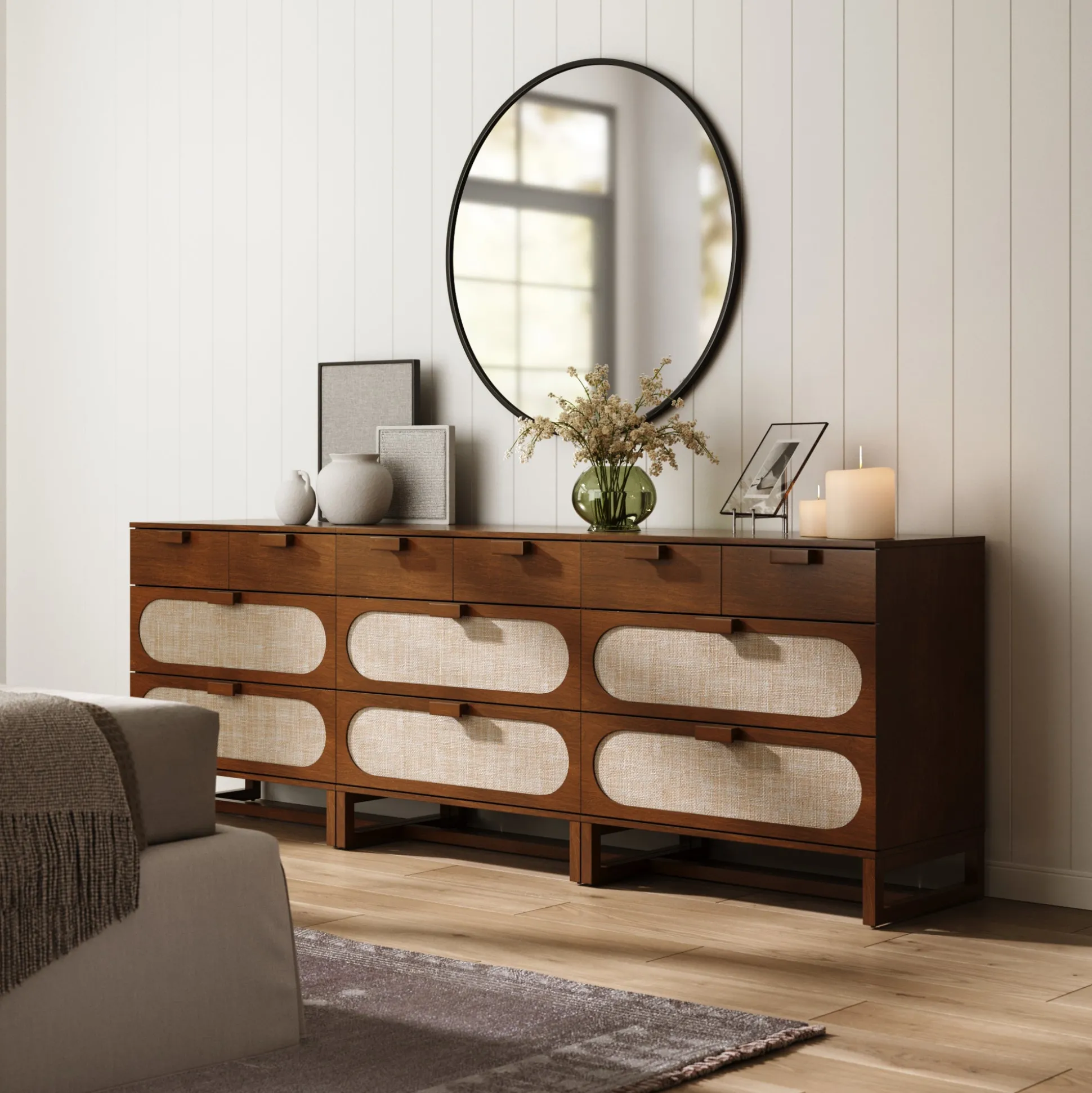 Mid-Century Rattan 3-Drawer Dressers Dark Acacia (Set of 3)