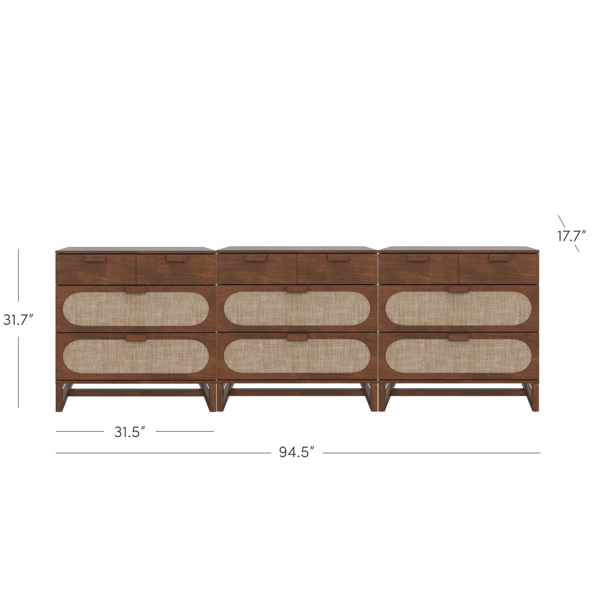Mid-Century Rattan 3-Drawer Dressers Dark Acacia (Set of 3)