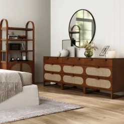Mid-Century Rattan 3-Drawer Dressers Dark Acacia (Set of 3)