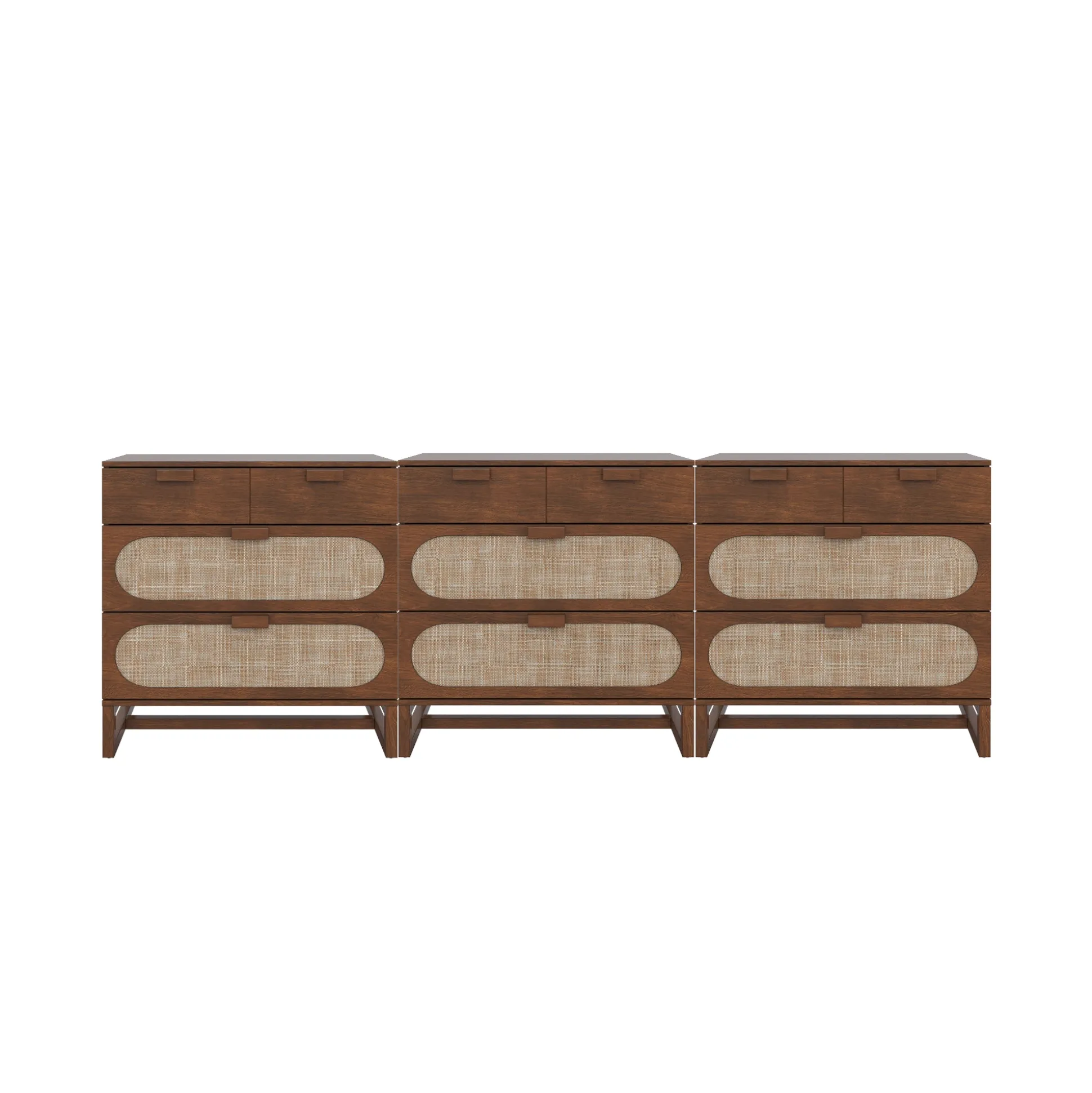Mid-Century Rattan 3-Drawer Dressers Dark Acacia (Set of 3)
