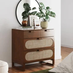Mid-Century Rattan 3-Drawer Dresser Dark Acacia