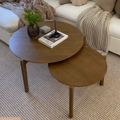 Mid-Century Round Nesting Coffee Table Set Light Brown