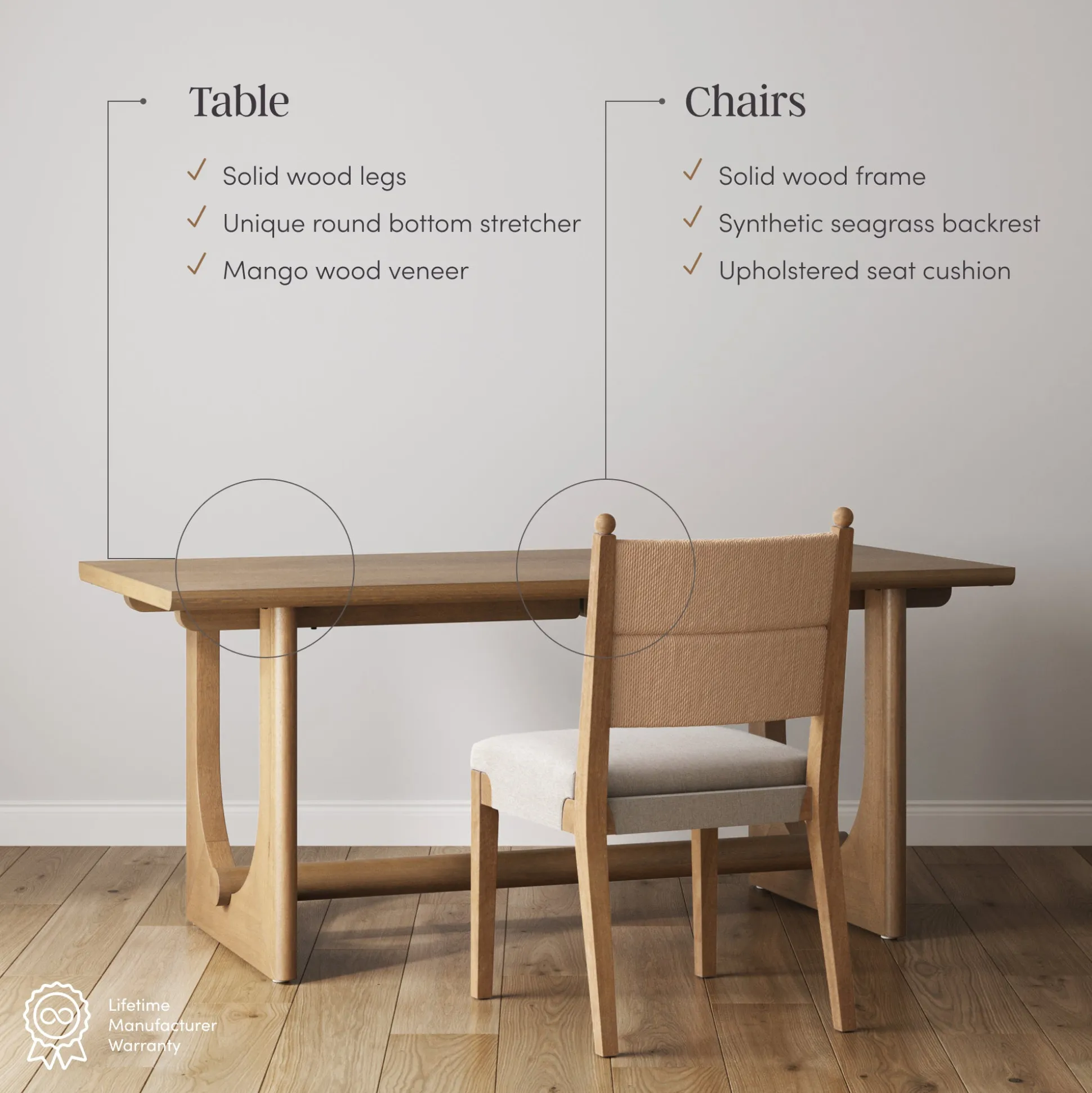 Mid-Century Seagrass Dining Table Set (6 Chairs)