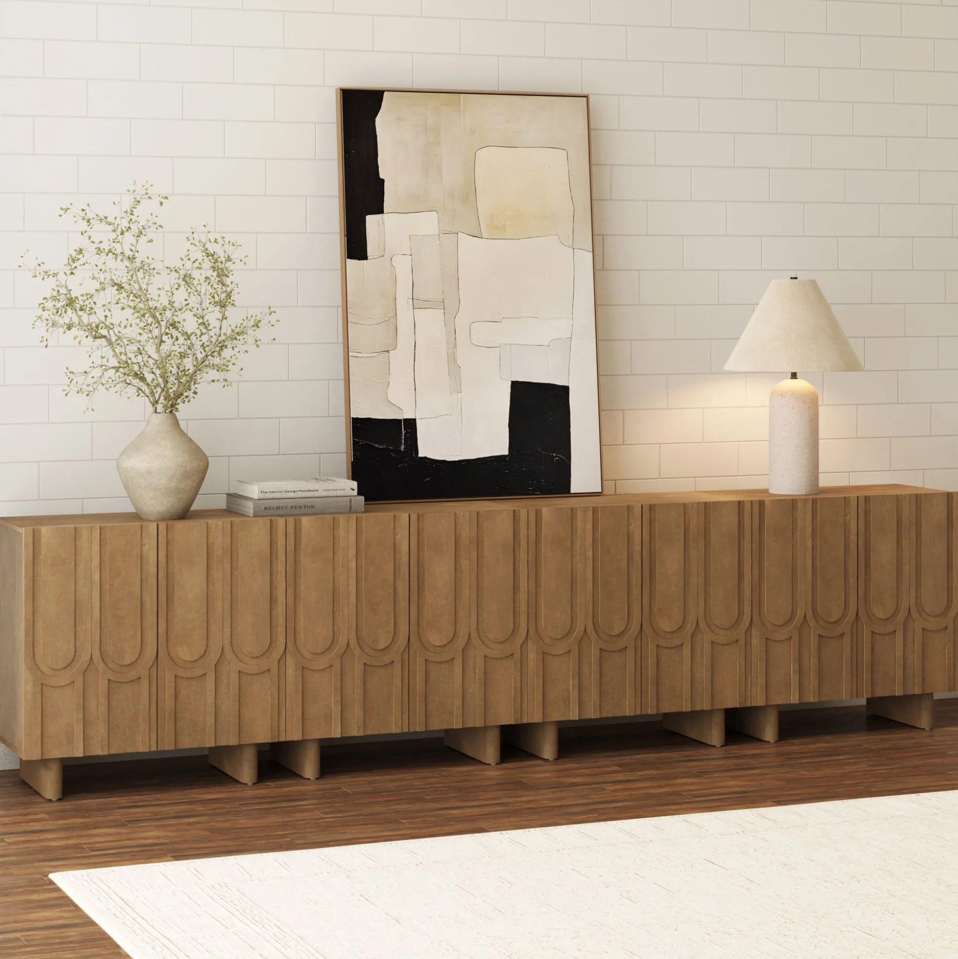 Mid Century Style Credenza with Geometric Carved Doors Light Brown (Set of 4)