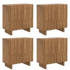 Mid Century Style Credenza with Geometric Carved Doors Light Brown (Set of 4)