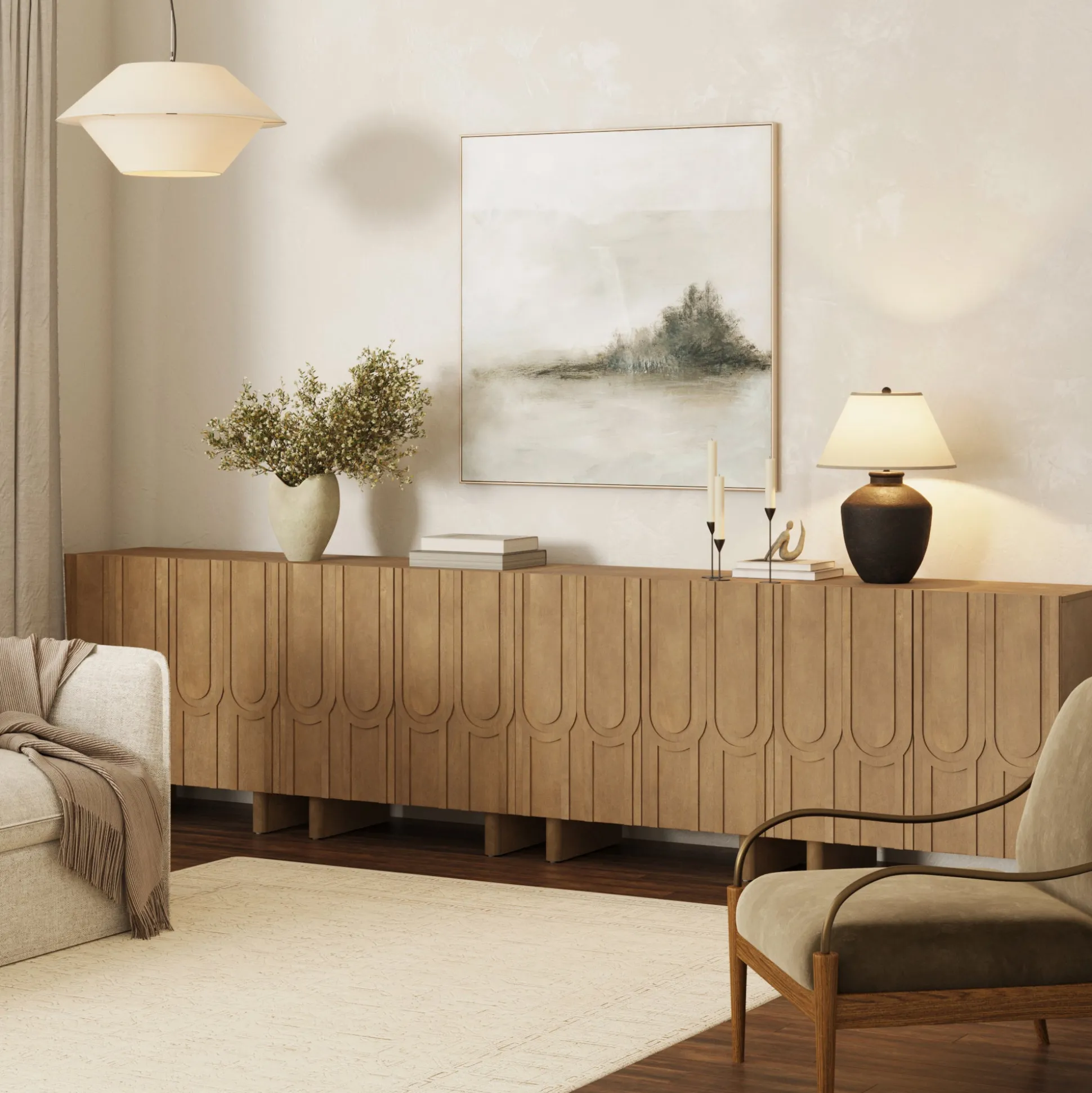Mid Century Style Credenza with Geometric Carved Doors Light Brown (Set of 4)