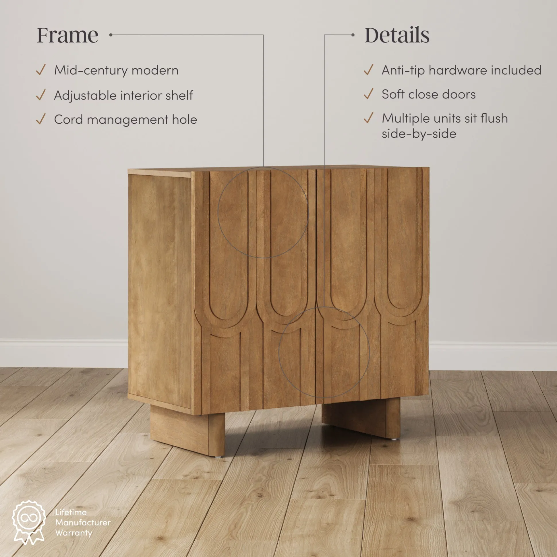 Mid Century Style Credenza with Geometric Carved Doors Light Brown (Set of 2)