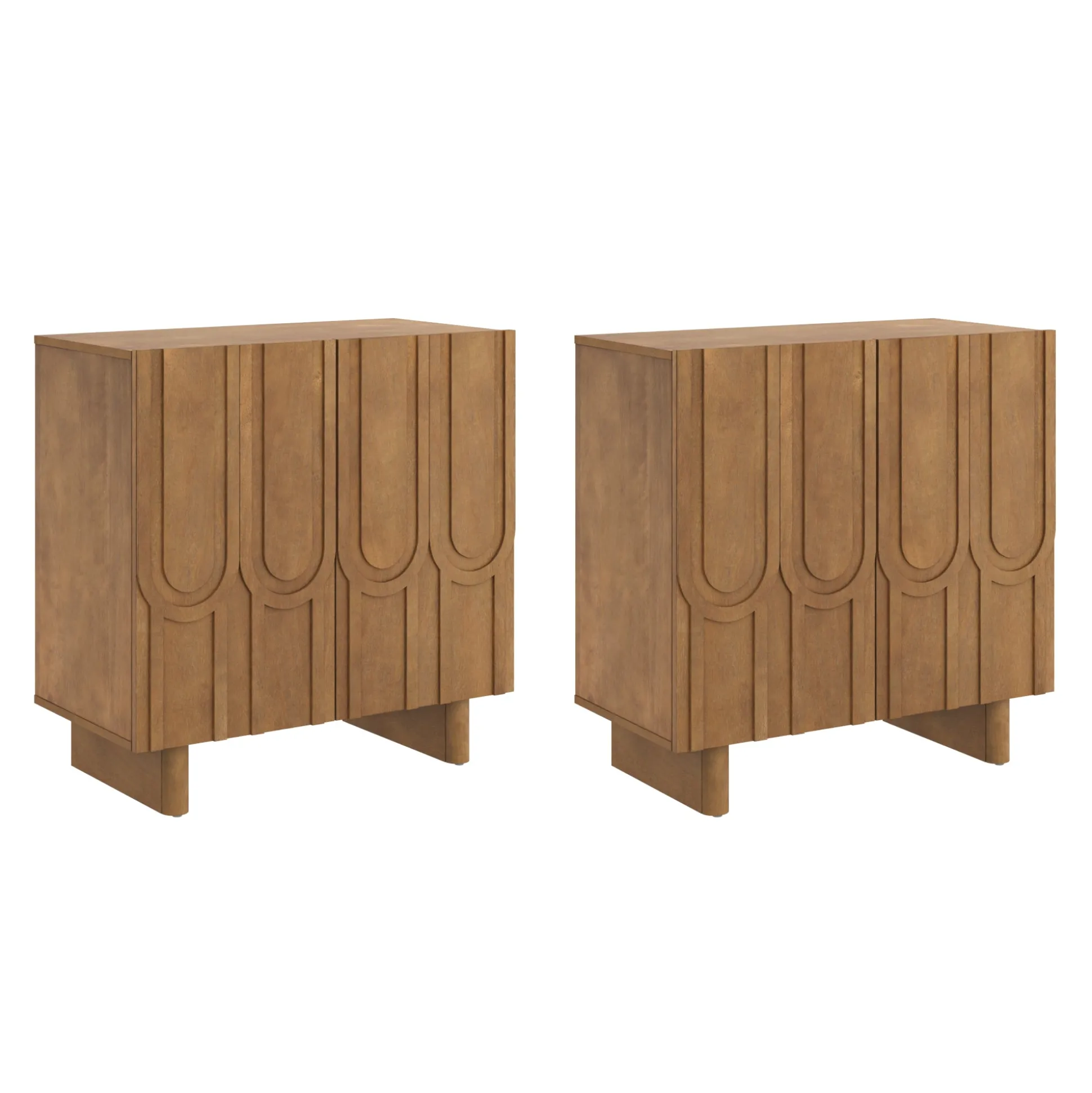 Mid Century Style Credenza with Geometric Carved Doors Light Brown (Set of 2)
