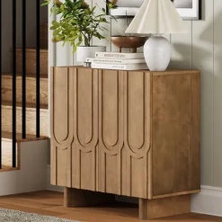 Mid Century Style Credenza with Geometric Carved Doors Light Brown