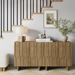 Mid Century Style Credenza with Geometric Carved Doors Light Brown
