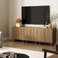 Mid Century Style Credenza with Geometric Carved Doors Light Brown (Set of 3)