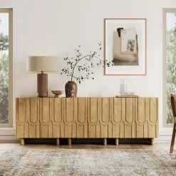 Mid Century Style Credenza with Geometric Carved Doors Light Brown (Set of 3)