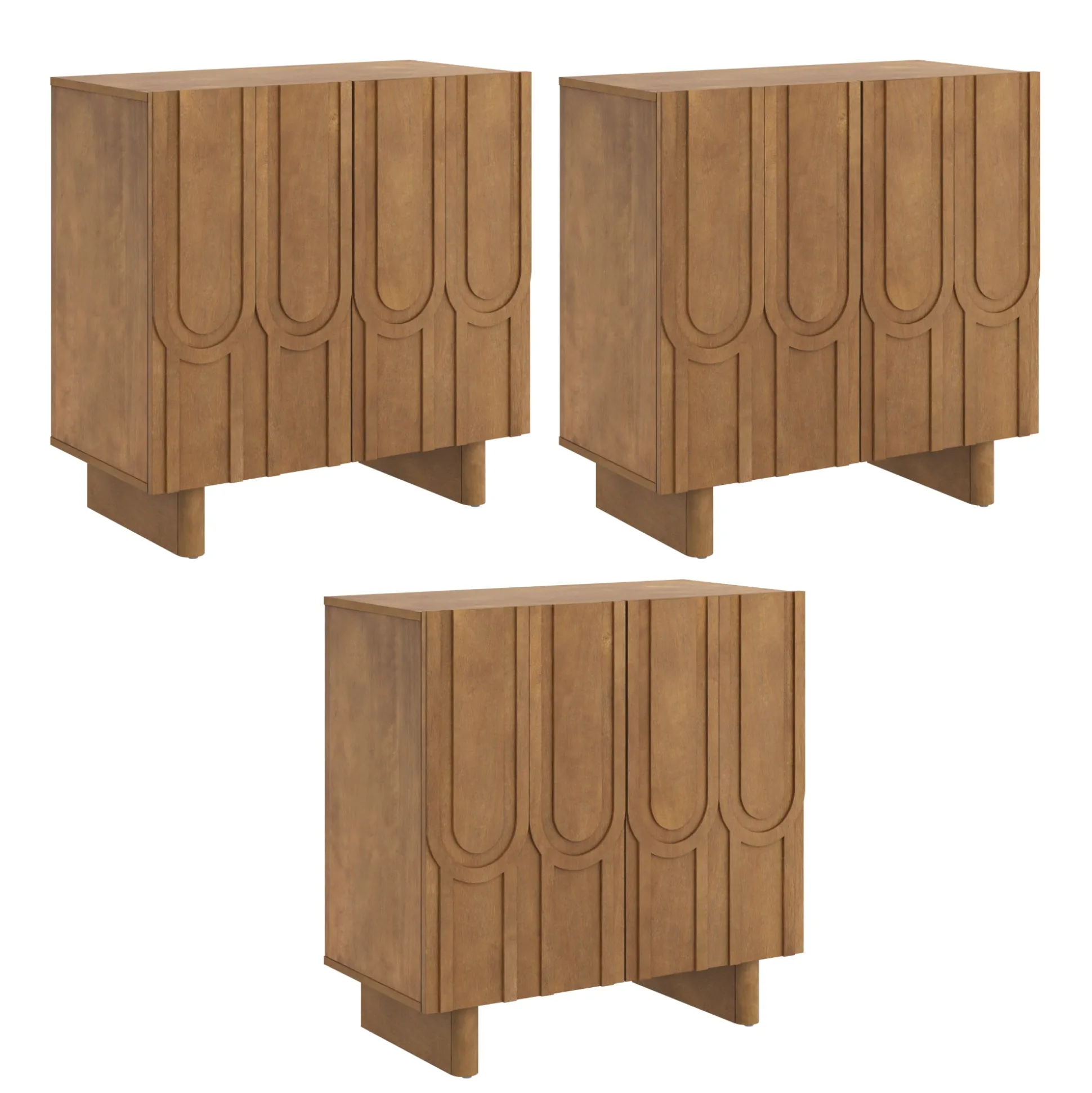 Mid Century Style Credenza with Geometric Carved Doors Light Brown (Set of 3)