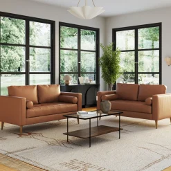 Mid-Century Tufted Leather Loveseat Sofa with Bench Seat Camel