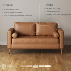 Mid-Century Tufted Leather Loveseat Sofa with Bench Seat Camel