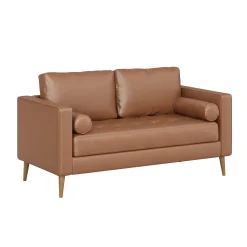 Mid-Century Tufted Leather Loveseat Sofa with Bench Seat Camel