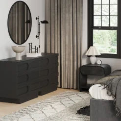 Mid-Century Two Arched Dressers and Nightstands Set Black Oak