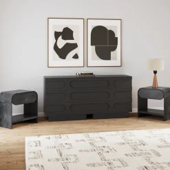 Mid-Century Two Arched Dressers and Nightstands Set Black Oak
