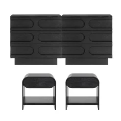 Mid-Century Two Arched Dressers and Nightstands Set Black Oak