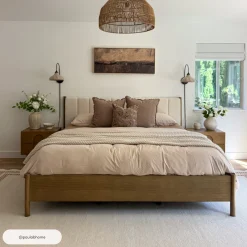 Mid-Century Upholstered Bed Frame with Boucle Headboard Light Brown | Size Queen