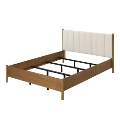 Mid-Century Upholstered Bed Frame with Boucle Headboard Light Brown | Size Queen