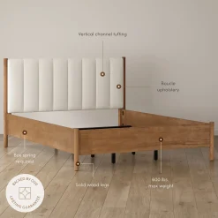 Mid-Century Upholstered Bed Frame with Boucle Headboard Light Brown | Size Queen